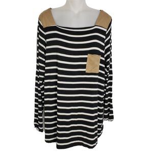 First Look Womens Tunic Top Large Black White Striped Knit Elbow Patches Pocket